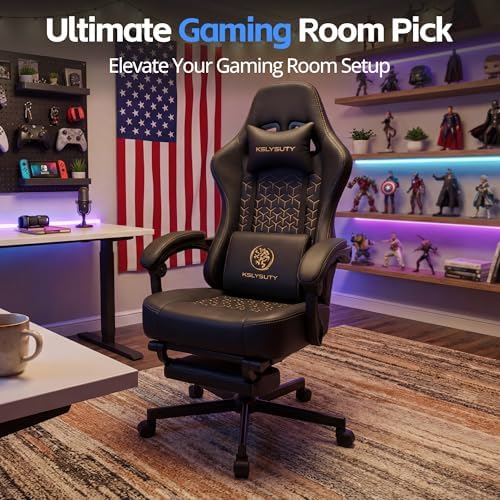 Desk Computer Gaming Chair - Ergonomic Game Office Chair with Extended Footrest and Massage Lumbar Support, Home Gamer Video Game Chairs with Spring Cushion for Adults (Pro Black Leather) - Image 3