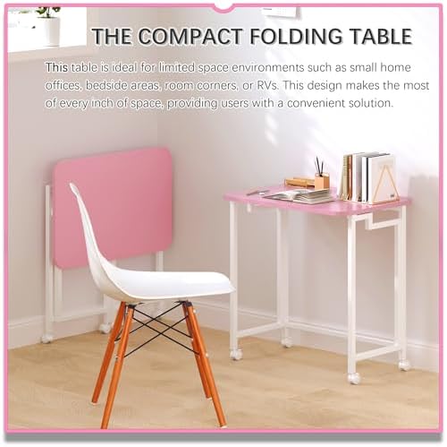 4NM 23.6" Mobile Small Rolling Computer Desk, Folding Laptop Cart Table with Wheels, Portable Office Desk for Small Space Couch Bed - Pink and White - Image 3