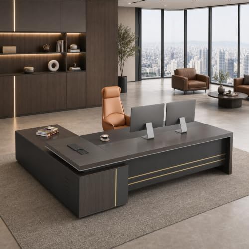 Reversible L-Shaped Executive Desk with Drawers, Storage Cabinet, Built-in Power Hub & Privacy Panel, Obsidian Grey & Mocha Walnut (94" L * 69" W * 30" H) by ZIMASYA-SmartOfficeSolution
