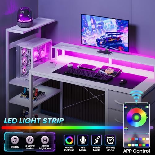 51in Gaming Computer Desk with Drawers & Power Outlet & LED Lights, White - Image 4