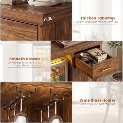 Unikito Coffee Bar Cabinet with Mini Fridge Space & Power Outlet, Walnut - Image 5