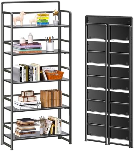 4NM No Assembly 5 Tier Folding Bookshelf Tall Storage Shelves Vintage Bookcase Standing Racks Study Organizer Home Office by 4NM