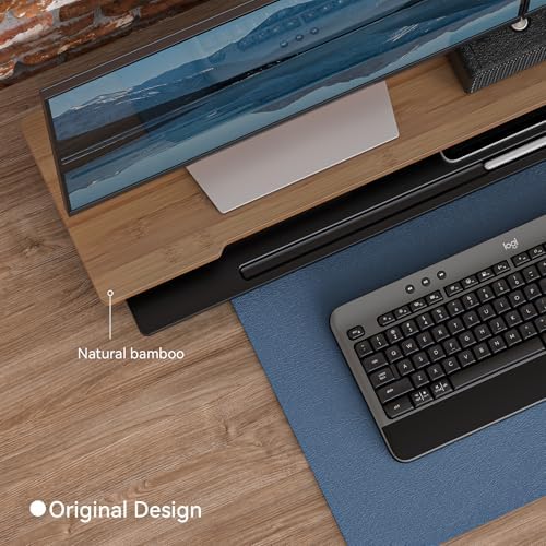 42.5” Dual Monitor Stand Desk Shelf with Phone Tablet Holder - Image 3