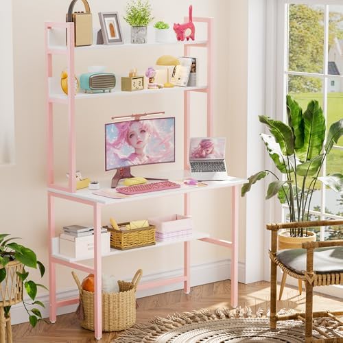Aquzee 40 Inch Pink Desk with Shelves, Computer Desk with Hutch - Image 2