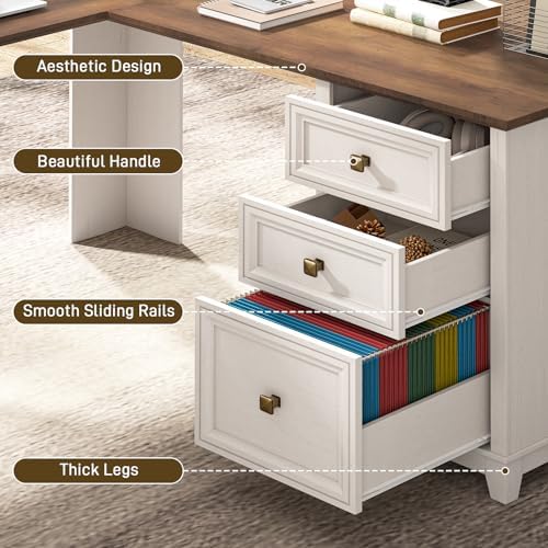 Vabches Farmhouse L Shaped Executive Desk with 6 Drawers, 59’’ Wood Home Office Desk with File Cabinet, Writing Corner Computer Desk for Home Office, Work, Study, White and Brown - Image 5