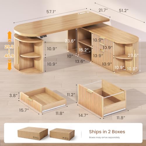 SEDETA 57" L Shaped Standing Desk with Storage, Electric Height Adjustable Curved Executive Desk, Fluted Desk with Drawers & Power Strip for Home Office, Light Oak - Image 2