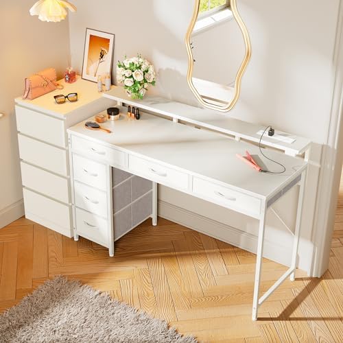 Huuger Gaming Desk with 6 Drawers, Computer Desk with LED Lights Power Outlets and Type-C, 47 Inch Office Table with Storage, Monitor Stand, Writing & Work Home Office, Bedroom, Study, White - Image 2