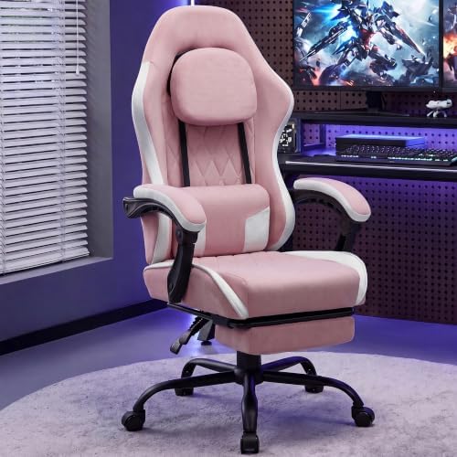 Gaming Chair with Footrest, Ergonomic Fabric Desk Chair, Pink - Image 2