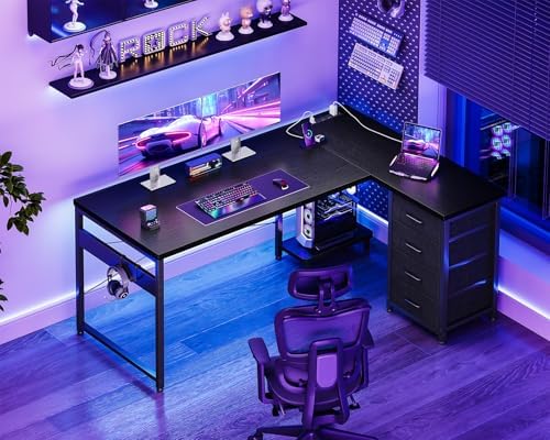 AODK 53" L Shaped Gaming Desk with 4 Drawers and Power Outlets, Black - Image 2