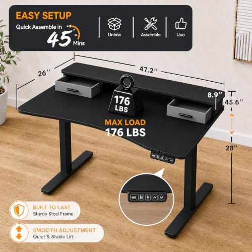 Grandder Electric Standing Desk with Two Drawers, Curved Sit to Stand Up Height Adjustable Desk with Storage Shelf for Home Office, 47 * 26 Inch, Study, Ergonomic Adjustable Computer Desk, Black - Image 2
