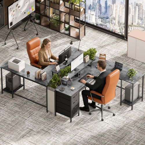 Korfile 66" L Shaped Computer Desk, 94.4'' Home Office Desk with Power Outlets, 4 Adjustable Storage Drawers & 2 Monitor Stands, Large Two Person Gaming Table for Writing Study, Grey - Image 2