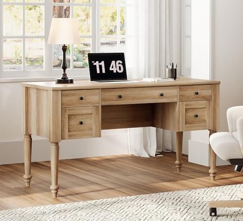 WAMPAT Farmhouse Executive Desk with Drawers, 56 Inch Writing Desk, Oak by WAMPAT