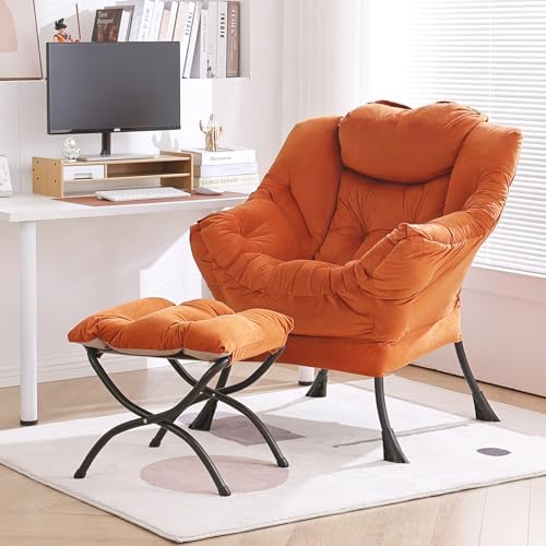 Furlide Lazy Chair with Ottoman, Velvet Reading Chair for Bedroom，Orange by Furlide