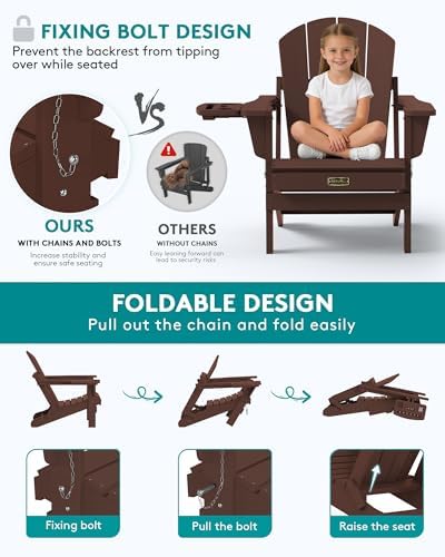 SERWALL Folding Adirondack Chair with Cup Holder, Outdoor Patio Chair, Coffee, Set of 2 - Image 5