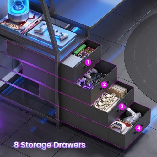 SEDETA Gaming Desk with LED Lights, 8 Drawers and Storage Shelves, Black - Image 4