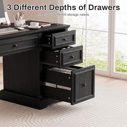 Vipbear 60" Farmhouse Executive Desk with Drawers and Cabinet, Embossed Texture Wood Home Office Desk, Rustic Computer Writing Desk, Workspace for Work Study Writing, Black - Image 6