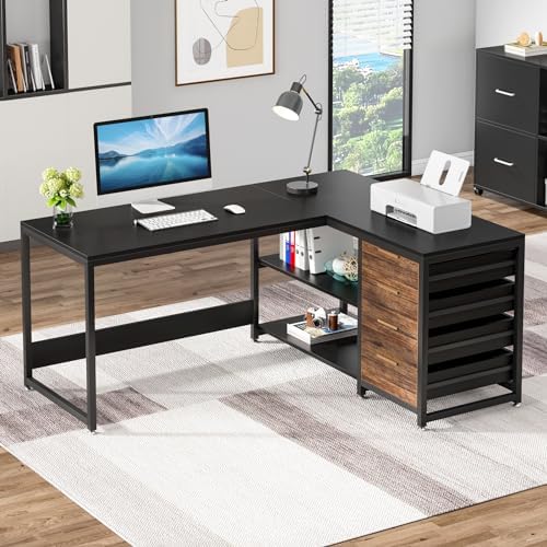 Tribesigns L Shaped Computer Desk with Storage Drawers, 59 inch Corner Desk with Shelves, Reversible L-Shaped Office Desk Study Writing Table Workstation for Home Office, Black - Image 3