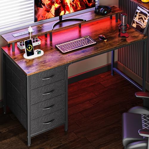 Huuger 47 Inch Computer Desk with Power Outlets and LED Lights, Gaming Desk with 4 Drawers, Office Desk with Monitor Stand, Study Work for Home Office, Small Spaces, Rustic Brown by Huuger