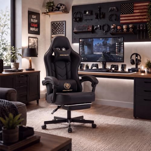 Desk Computer Gaming Chair - High Back Ergonomic Office Chair with Footrest and Lumbar Support, Swivel Comfy Home Gamer Video Game Chairs with Pocket Spring Cushion for Adults (Black Leather) - Image 2