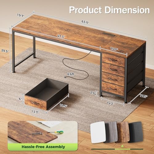 PRAISUN 63 Inch Computer Office Desk with Power Outelts and USB-C Port, Reversible Gaming Desk with 4 Fabric Drawers, Work Study Desk Work from Home, Rustic Brown - Image 3
