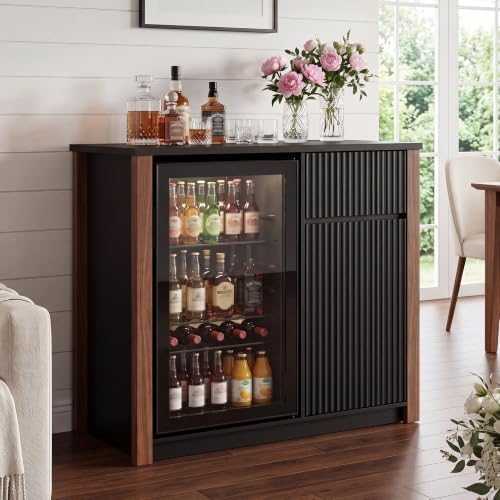 Mini Fridge Cabinet with Storage & Power Outlet, Coffee Bar Cabinet, Black by LANDASSYHOME