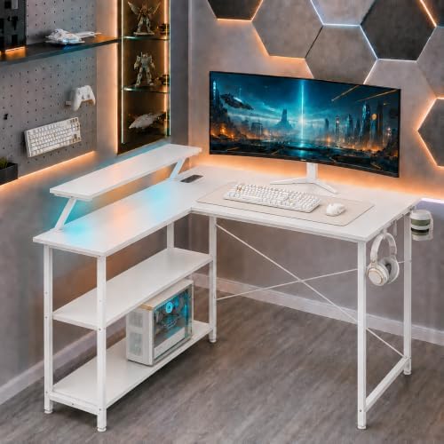 GTPLAYER 42inch L Shaped Gaming Desk with Power Outlets, LED Lights, White by GTPLAYER