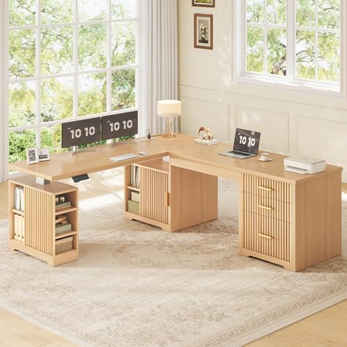 SEDETA Fluted L Shaped Electric Standing Desk, 63" x 67" Height Adjustable Home Office Executive Desk with Drawers and Shelves, Two Person Desk with Power Outlet for Home Office, Oak - Image 3