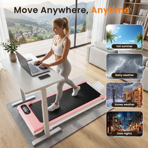 Pink Walking Pad Portable Treadmill with Incline 8% Small Walking Pad Handle Bar Under Desk for Home Office Mini Treadmill with 2.5HP Ultra Quiet <40dB 0.62~5 MPH Compact Foldable 320 lb Capacity - Image 3