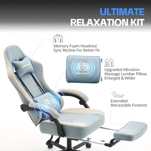 Desk Computer Gaming Chair - Ergonomic Game Office Chair with Extended Footrest and Massage Lumbar Support, Home Gamer Video Game Chairs with Spring Cushion for Adults (Pro Blue Fabric) - Image 6