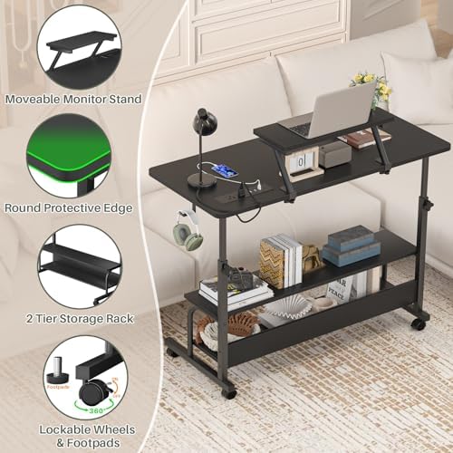 Height Adjustable Standing Desk with Power Outlets and LED Lights - 39" Manual Stand Up Desk with Monitor Stand and Storage Shelves Small Mobile Rolling Computer Desk Portable Laptop Table, Black - Image 6