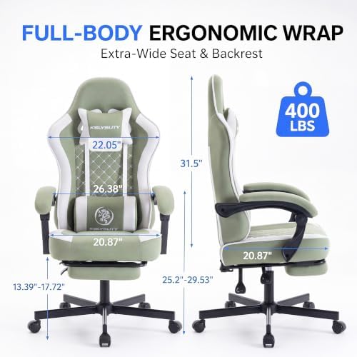 Desk Computer Gaming Chair - High Back Ergonomic Office Chair with Footrest and Lumbar Support, Swivel Comfy Home Gamer Video Game Chairs with Pocket Spring Cushion for Adults (Green Fabric) - Image 3