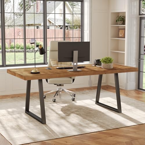 63" Industrial Executive Desk, Solid Wood Computer Laptop Desk with Strong Metal Legs, Study Writing Table Business Workstation for Home Office, Small Conference Table - Image 3