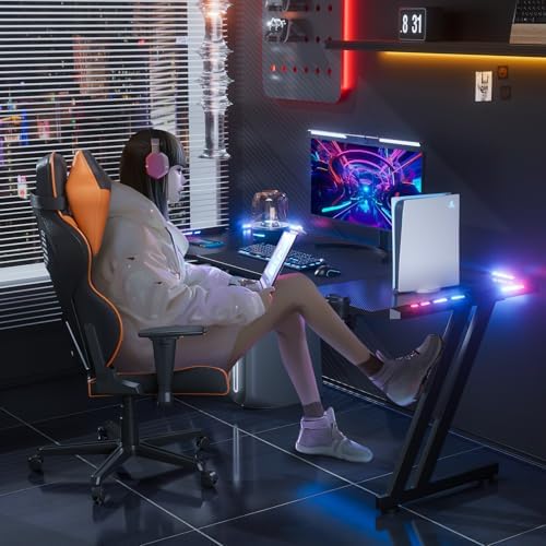 HLDIRECT 63 Inch Gaming Desk Z Shaped Carbon Fiber Computer Desk with LED - Image 2