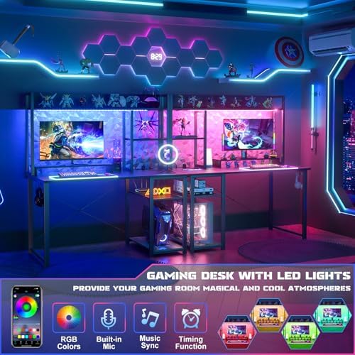 Cyclysio Gaming Desk with Hutch, 39'' Computer Desk with LED Lights & Power Outlets, Home Office Desk with Reversible 5 Tiers Storage Shelves & Monitor Stand, Small Gaming Table for Small Space, Black - Image 3