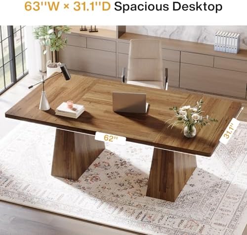 Tribesigns 63-Inch Executive Desk, Large Office Computer Desk with Double Pedestal, Modern Simple Workstations Writing Table Conference Table Business Furniture for Home Office, Light Brown - Image 5