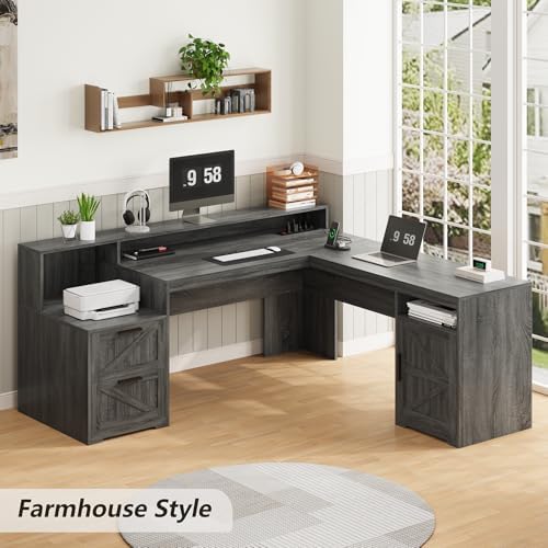 63" Farmhouse L Shaped Desk with Drawers & Printer Shelf for Home Office - Image 3