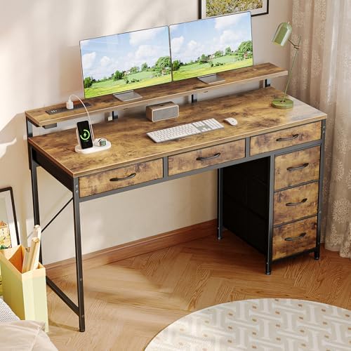 Huuger Gaming Desk with 6 Drawers, Computer Desk with LED Lights Power Outlets and Type-C, 47 Inch Office Desk with Storage, Monitor Stand, Writing Work Desk for Home Office, Rustic Brown - Image 2