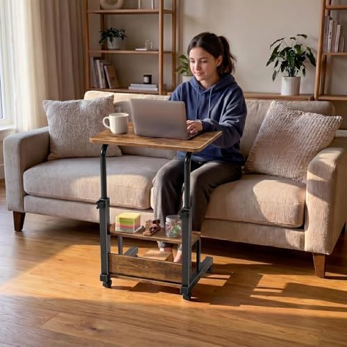 WINAZ C Shaped Rolling Laptop Desk - 24" Rustic Brown Mobile Desk with Wheels for Small Spaces, Height Adjustable Overbed Table with 2-Tier Storage Shelves - Image 2