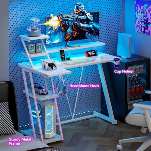 Korfile 40 Inch White Gaming Desk with LED Lights & Power Outlet, Small Gaming Computer Desk with Storage Shelves, L Shaped Gamer Workstations with Monitor Stand for Bedroom - Image 6