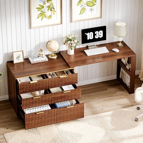 Ieejdn Computer Desk with 6 Drawers, 78" Modern Writing Desk with 0.98" Thickened Desktop & Storage Shelves, Adjustable direction & Extendable Executive Office Desk Study Table for Home Office, Walnut - Image 3