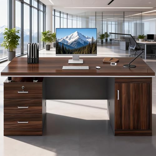 Large Home Office Desk with 3 Drawers, Large Desk with Storage Cabinet, Computer Desk with Drawers, Executive Desk for Home Office & Studio,71×27.5×30 in - Image 7