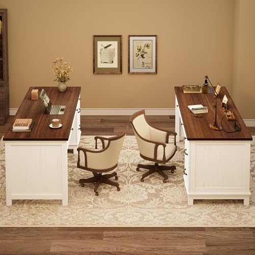 Garvee 53.5" Wooden Home Office Desk with File Drawers, Executive Desk with Power Outlet, Farmhouse Wood Desk with Storage, Distressed Study and Work Table, Rustic White - Image 6