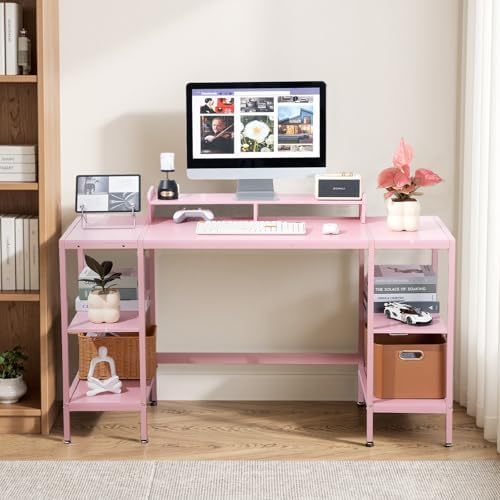 MINOSYS Computer Desk 55-inch with Storage Shelf - Pink Ideal Gaming Desk for Bedrooms, Small Spaces, and Home Offices Modern Writing Desk for PCs. - Image 5