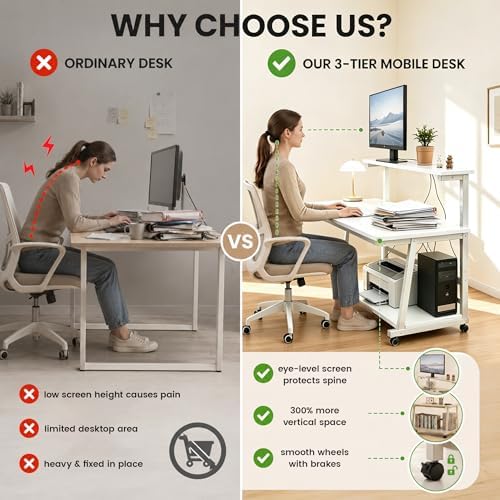 47.2 Inch Compact Rolling Computer Desk with Tier Worktable & Lockable Wheels, Small Computer Desk, Small Desk for Bedroom, Mobile Writing Workstation Easy Assembly for Home Office Small Spaces - Image 5