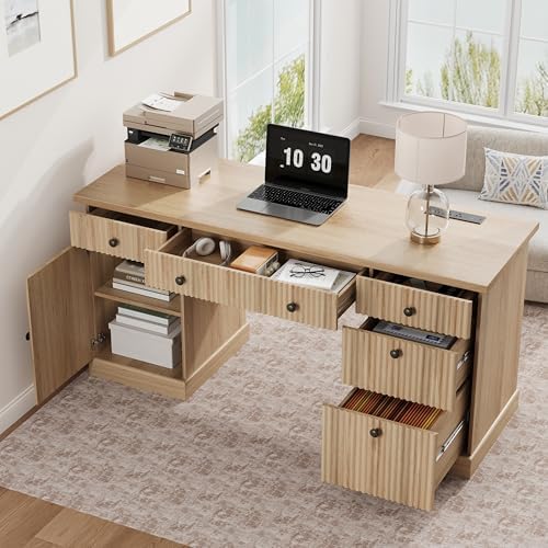 Garvee 60" Office Desk with Storage & Drawers for Home Office, Oak - Image 3