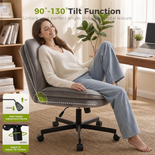 GTPLAYER Cross Legged Office Chair, Armless Desk Chair Cute Vanity Chair with Wheels Computer Chair Comfy Wide Office Chair Adjustable Swivel for Home Computer Task,Soft Velvet, Dark Grey - Image 3