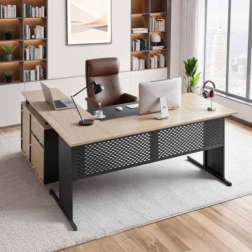 VEVOR 63" L-Shaped Executive Desk, Large Office Desk with Drawers, File Storage Cabinet, Detachable 350 LBS Load Capacity Corner Table, Easy Assembly, Business Furniture Workstation for Home Office by VEVOR