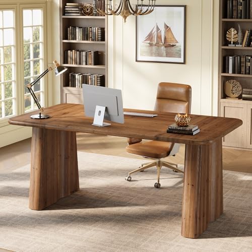 63-Inch Solid Wood Executive Desk, Large Office Computer Desk with Heavy Duty Legs, Simple Study Writing Table Business Workstation for Home Office, Bedroom, Vintage Brown - Image 3