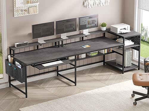 SEDETA L Shaped Gaming Desk, Convertible 96" Home Office Desk or Corner Desk, L Shaped Table with Power Outlets & LED Strip, Monitor Stand, Keyboard Tray, Pegboard and Storage Shelves, Grey - Image 2