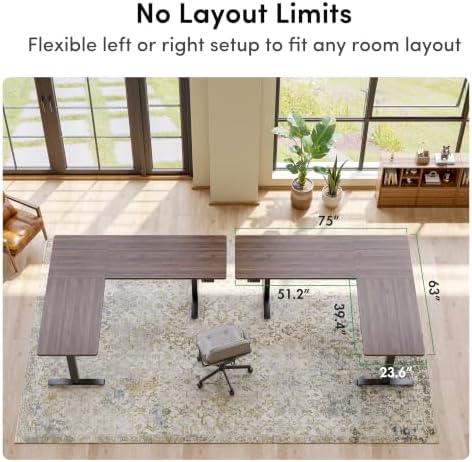 FEZIBO 75" x 63" L-Shaped Standing Desk - Adjustable Corner Desk L Shape, L-Shaped Adjustable Desk with Splice Board, L Shape Standing Desk, Black Walnut - Image 3
